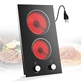 Electric Cooktop 2 Burner, 110V Electric Stove Top 2000W with Knob Control, 12 Inch Electric Radiant Cooktop Countertop & Built-in, Residual Heat Indicator, Over-Heat Protection, Plug in