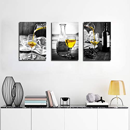 Kitchen Wall Art For Dining Room,Wine Painting Artwork Poster Black White Canvas Yellow Wine In Cups Pictures For Home Decorations #TOP2