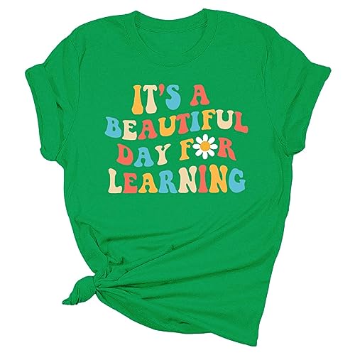 Camicia da donna per insegnanti, regalo per insegnanti, maglietta a maniche corte 'It's A Day for Learning', bella maglietta con scollo profondo, verde, L