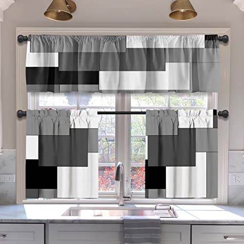 Mcalk Dark Grey Kitchen Curtains Tiers And Valances Set 3 Piece For Windows Grey And Black Kitchen Window Curtains Set,White Modern Abstract Art Valances For Living Room(36" Tiers Set) #TOP9