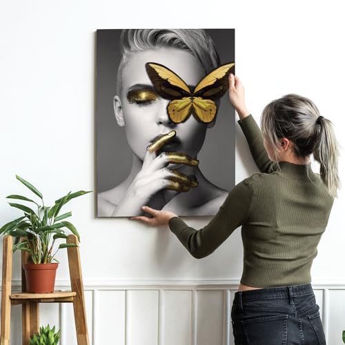 Image of PAINTINGMANTRA Stretched Modern Canvas Wall Art Painting, Women with Golden Butterfly Artwork for Living Room, Home, Bedroom, Office Decoration (Set of 1, 16x22 Inch)
