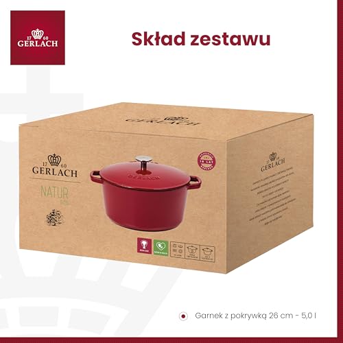 Gerlach 1760 Żeliwny Garnek Do Pieczenia Garnek Do Gotowania Smażenia Emaliowany Z Pokrywką 5 l Bordowy Natur Iron
