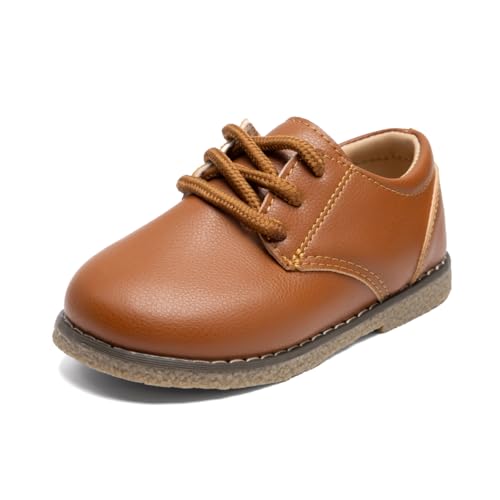 Image of Meckior Toddler Boys Girls Dress Shoes Little Kid Oxford Shoes Wedding Church Dress Shoes PU Leather Lace Up School Uniform Loafer Flats