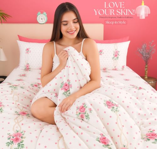 Image of SANMARINO 210TC Cotton King Size Bedsheet with 2 Pillow Covers | Premium Floral Print Design Flatsheet |Ultra Soft Breathable Skin Friendly Bedding Set for All Season Use 90 x 100 Inch,Rose Pink