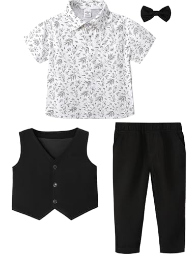A&J DESIGN 4pcs Baby & Toddler Boy Suit Print Shirt Set for 12 Months - 5T, Shirt & Pants & Vest & Bow Tie4