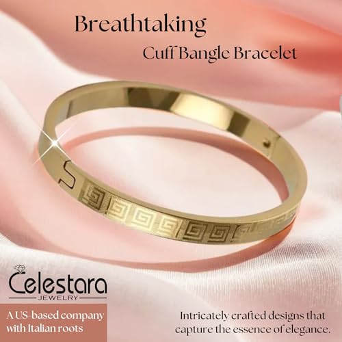 European Style Classic Greek Key Design Bangle Bracelet, Silver-Plated Cuff Bracelet for Men & Women - Fold-Over Clasp with Exquisite Pouch & Box2