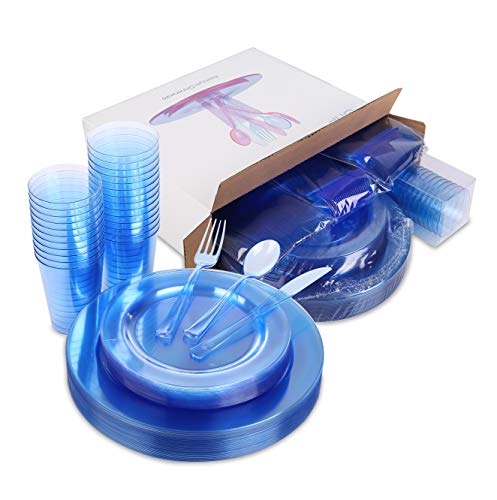Best Cyber Deals 🔥 Blue Plastic Plates Party Supplies - 150 PCS Reusable Disposable Neon Sets of 25 Dinner Plates, 25 Salad or Dessert Plates, 25 Forks, 25 Spoons, 25 Knives, 25 Cups