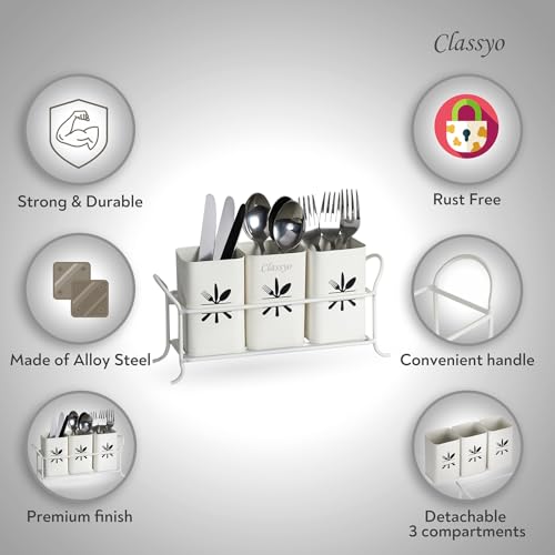 Image of Classyo Metal Cutlery Holder For Dining Table | Cutlery Stand & Spoon Stand for Dining Table Fancy | Spoon Holder for Kitchen Counter Top | Kitchen Cutlery Organizer (10 x 3 x 6 inch) (Ivory)
