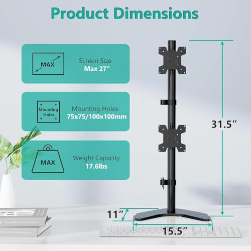 Image of WALI Dual Monitor Desk Stand Free Standing LCD LED Flat Screen TV Holds in Vertical Position 2 Screens up to 27 Inch with Optional Grommet Base (MF002XLS), Black