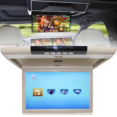 YANGYMM Car Overhead Monitor, 17.3 Inch Wide IPS Screen Car Roof Mount DVD Player Monitor, Flip Down Overhead Car Monitor Support HDMI, USB/SD, AV, Built in Speaker,Beige