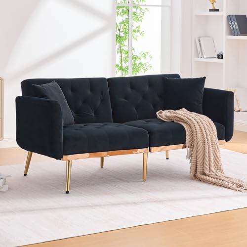 Cómodo sofá cama con cojín acolchado y patas de metal, moderno sofá de dos plazas para salón, sofá de 2 plazas con cojín, sofá de terciopelo con respaldo ajustable en 3 posiciones, para habitaciones