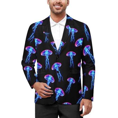 Jellyfish Blue Mens Suit Jacket Lapel Blazers V Neck Button Business Coat Tuxedo for Wedding Party