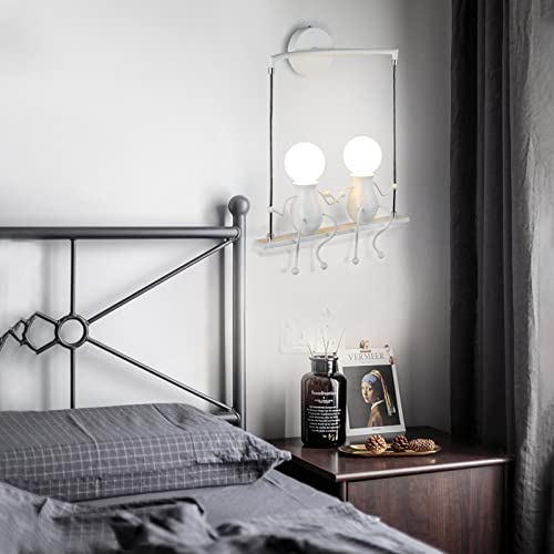 Wall Light Fixtures Indoor Creative Led Lights For Bedroom Cartoon Double Little People Swing Wall Lamp Mini Doll Wall Sconces Children Lighting Art Deco Gift Metal Bedside Lamps Modern 2×E26 (White) #TOP4