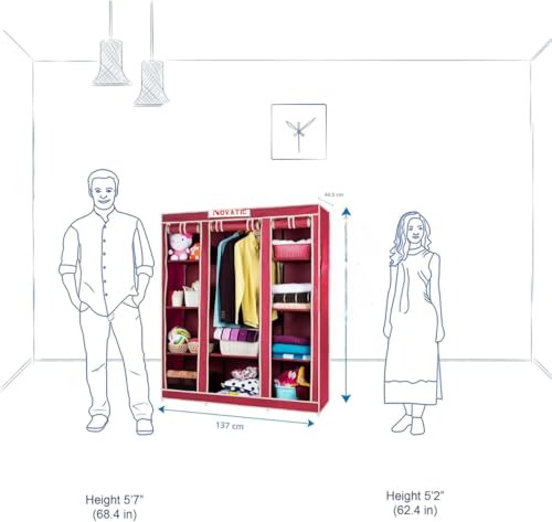 Image of Novatic 3-Door Collapsible Wardrobe | Portable Foldable Clothes Closet with 1 Hanging Space & 10 Storage Shelves | Non-Woven Fabric 100 GSM with Metal Rod Frame | 137 x 44.5 x 165 cm | Maroon