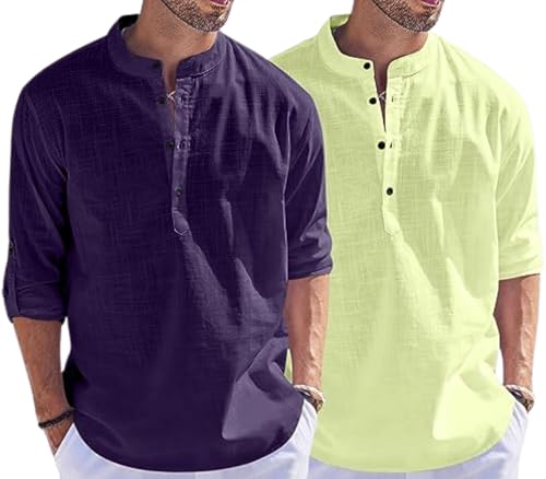 Image of Men's Cotton Blend Straight Kurta Shirt Combo with Mandarin Collar - Slim Fit Casual Short Kurti Set Featuring Textured Slub Fabric and Roll-Up Full Sleeves