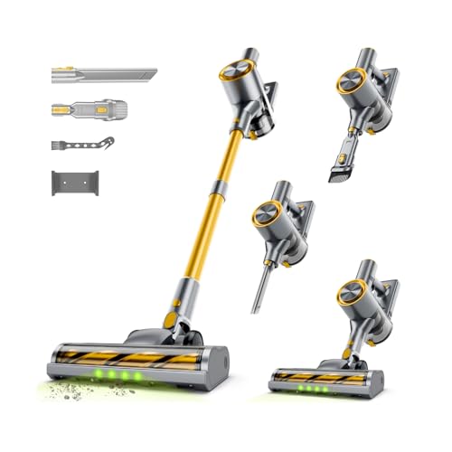 Shieal Cordless Stick Vacuum Cleaner - 45KPA Powerful Suction Vacuum with 45 Min Runtime, Detachable Battery, Anti-Tangle & 1.5L Dust Cup, 8 in 1 Vacuum Cleaner for Pet Hair, Carpet, HardFloor, Yellow