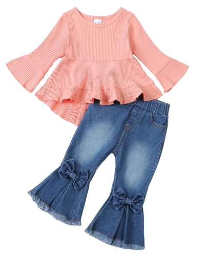 Image of Kucnuzki Toddler Baby Girls Clothes Long Sleeve Shirt Top Flare Denim Jeans Cute Outfit Baby Girl Fall Winter Clothes