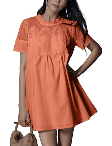 Image of Shiyifa Womens Babydoll Lace Patchwork Dresses Summer Short Sleeve Ruffle Sundress Loose Crew Neck A-Line Dresses