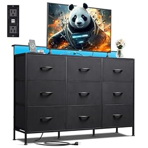 WLIVE Black Dresser TV Stand for 50, 55 inch, Led Dresser for Bedroom, Chest of Drawers with LED Lights, Charging Station, Clothes Storage with 9 Drawers, Wood Top, Living Room, Closet