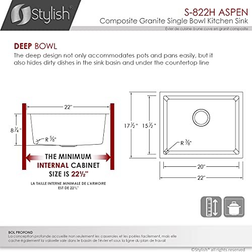 Stylish Dual Mount Granite Composite Single Bowl Bar Sink With Regular Strainer (22" L X17.5" W, White) S-822H #TOP4