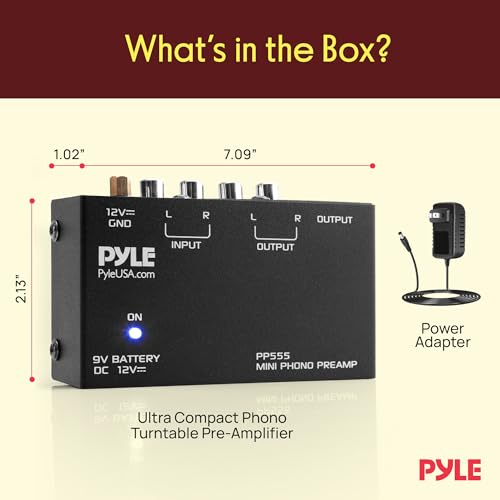 Pyle Phono Turntable Preamp- Mini Electronic Audio Stereo Phonograph Preamplifier with 9V Battery Compartment, Separate DC 12V Power Adapter, RCA Input, RCA Output & Low Noise Operation, BLACK- PP555