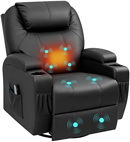 YESHOMY Swivel Rocker Recliner with Massage and Heating Functions, Sofa Chair with Remote Control and Two Cup Holders, Suitable for Living Room, Black