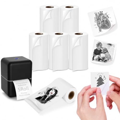 Image of MOREBLUE Sticky Adhesive Mini Thermal Paper Rolls 57mm x 5M (Pack of 5) | Continuous Self-Adhesive for Mini Thermal Printers | 2 Inch White for Kids Camera, Label, Photo Printers & Billing