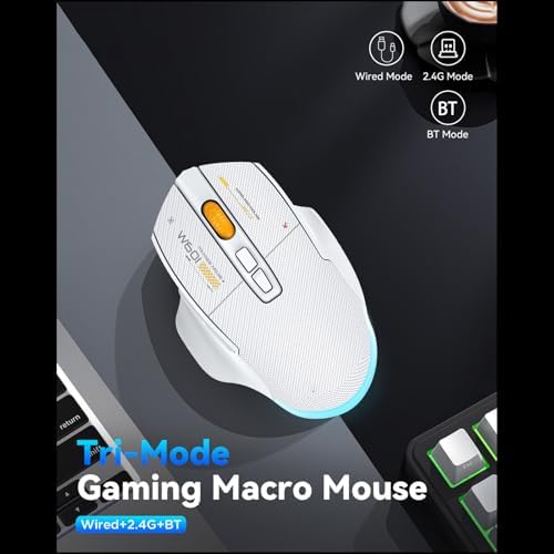 ciciglow Wireless Gaming Mouse, Tri Mode 2.4G USB C Bluetooth RGB Programmable Wireless Mouse, 12800DPI, Ergonomic Design, Rechargeable Compatible with PC Laptop (White) - 2