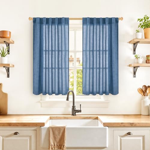 YoungsTex Navy Blue Linen Kitchen Window Curtains 40 Inch Length, Short Semi Sheer Drapes with Rod Pocket Back Tab Light Filtering Privacy for Cafe Bathroom Windows Over Sink, 2 Panels, 42 X 40 Inch