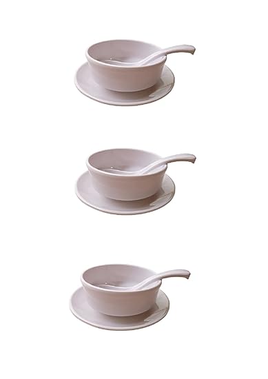 Super Dine Melamine Soup Bowls, Matt Finish with Spoon & Saucer Set of 3, White