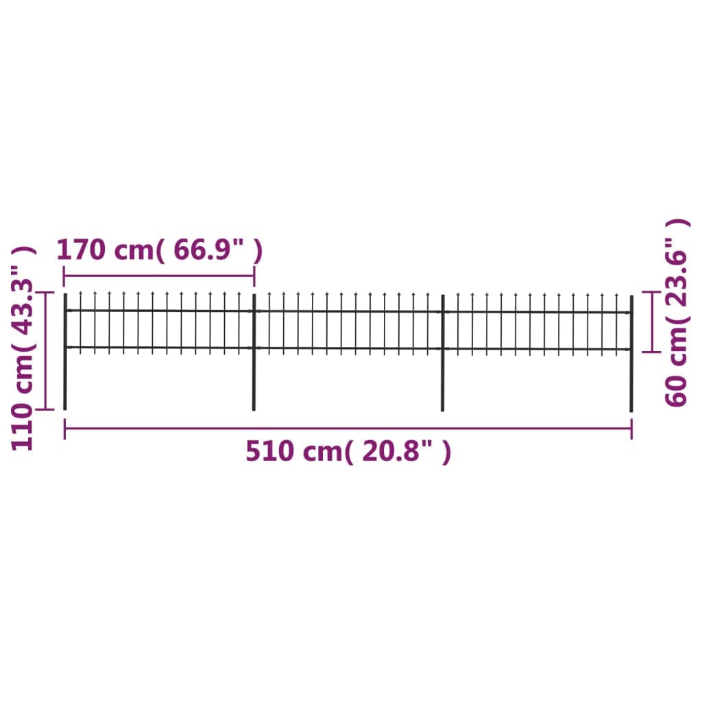 vidaXL Ogrodzenie z prętów z grotami, stalowe, 5,1 x 0,6 m, czarne