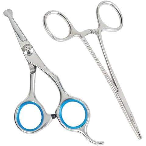 Pet Grooming Small Scissors and Forceps Set, Stainless Steel Body & Facial Trimmer Rounded Tips Shears for for Dogs & Cats Pet Hemostat Locking Forceps Set of 2 Cover