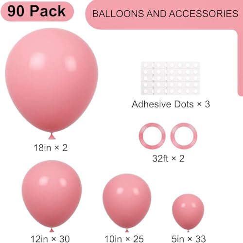 Image of Voircoloria 90pack Retro Pink Balloons Different Size 18 /12 /10 /5 Inch Pink Balloon Garland Arch Kit for Graduation, Wedding, Birthday, Princess Theme Party, Baby Shower, Anniversary Party Decorations