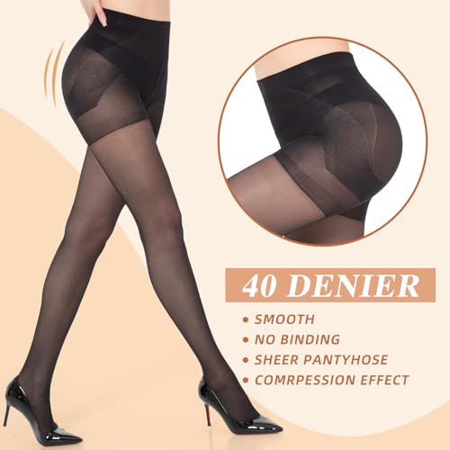 Image of MANZI 2 Pairs Women's Sheer Tights 40D High Waist Control Top Pantyhose Thigh High Stockings with Reinforced Toes