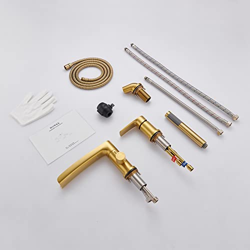 Wowkk Waterfall Roman Tub Faucet Brushed Gold Deck Mount Bathtub Faucets Brass Tub Filler Bathroom Faucets With Hand Shower #TOP6