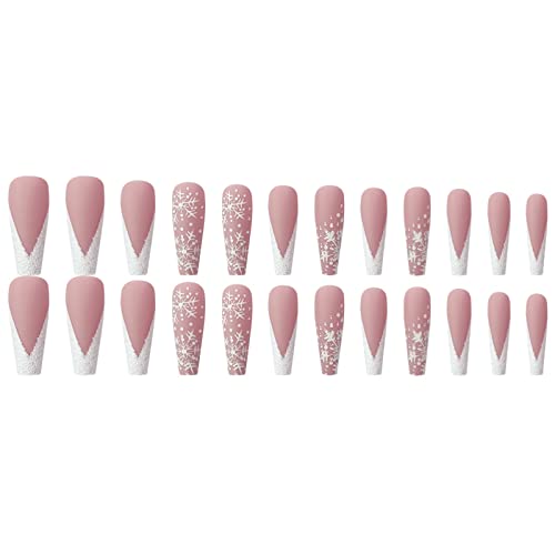 Qingge Christmas Pink French Tip Press On Nails Long Snowflake Coffin Fake Nails Glossy Design Stick On Nails With Glue Nude Hot Pink False Nails Tips Exquisite Acrylic Nails Summer Static Nails For Women 24Pcs #TOP5