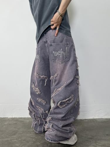 Men's Baggy Jeans Hip-hop Fringe Frayed Edges Jeans Wide Leg Denim Pants4