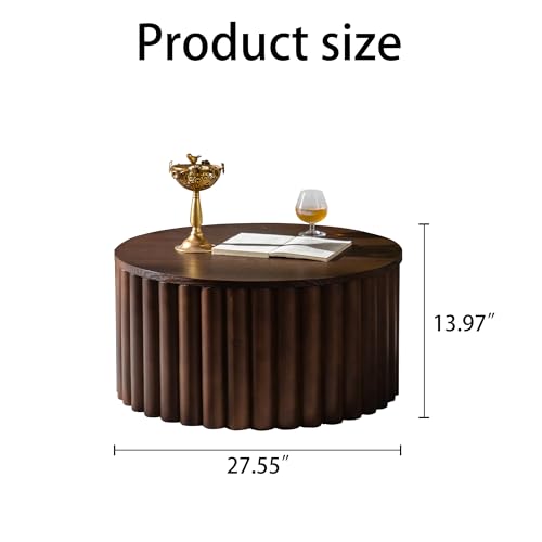 SPMETUYO 27.55" Round Lift Top Coffee Table with Storage for Living Room Smart Coffee Table Mid Century Modern Circle Center Tables with Lift Up Tabletop for Eat Fluted Drum Accent Table Walnut