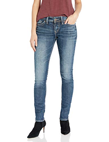 Silver Jeans Co. Women's Elyse Curvy Mid Rise Skinny Fit Jean, Indigo Sandblast, 32W X 31L