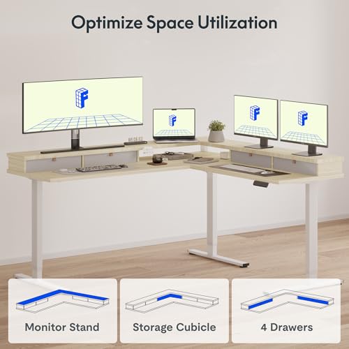 Image of FLEXISPOT 71 inch L Shaped Standing Desk Electric Corner Table with Shelf, 4 Storage Drawers, Adjustable Computer Workstation for Home, Office, Game, Studio,Light Maple Top + White Frame