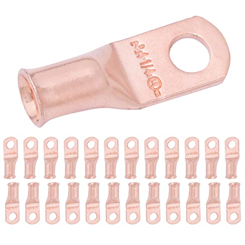 Selterm 25Pcs 4 Awg 1/4" Stud Battery Lugs, Ring Terminals, Heavy Duty Copper Wire Lugs, Battery Cable Ends, 4 Guage Ring Terminal Connectors, Ul Bare Copper Eyelets Electrical Battery Cable Lugs #TOP15