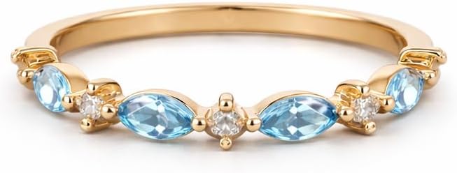 Marquise Cut Aquamarine Wedding Band for Women 14K Yellow Gold Blue Gemstone Half Enternity Stacking Ring CZ Diamond Accent Anniversary Promise Ring Gift for Her