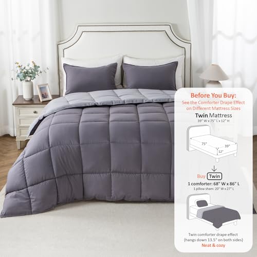 Image of KASENTEX Twin Comforter Set, Reversible, Goose Down Alternative, All Season | 250 GSM Fill, Ultra-Soft, Lightweight, Machine Washable, 1 Comforter + 1 Pillow Sham, Quartz Silver /Pebble Grey