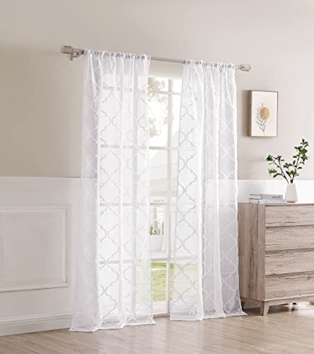Laura Ashley Berwyn Lattice Sheer Curtains With Rod Pocket, Each Panel Measures 38"W X 96"L, White, 2 Panels #TOP6