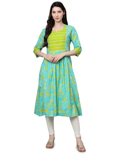 Image of JAPER KURTI Womens Pure Cotton Jaipuri Floral Print Aline Blue Color Kurta