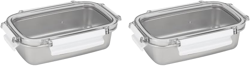 Royalford 600ml Stainless Steel Lunch Box RF12171 Rectangle Tiffin with Polymer Lid 4 Side Locks Food-Grade, BPA-Free, Airtight and Leakproof Containers for Kids and Adults (Pack of 2)