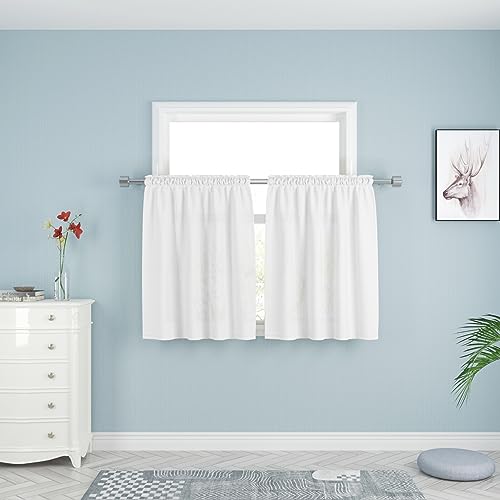 White Short Curtains Long Kitchen Tiers Linen Textured Cafe Curtains Bathroom Privacy Small Mini Half Window Curtain Basement 2 Panels Rod Pocket,27"W x 36"L