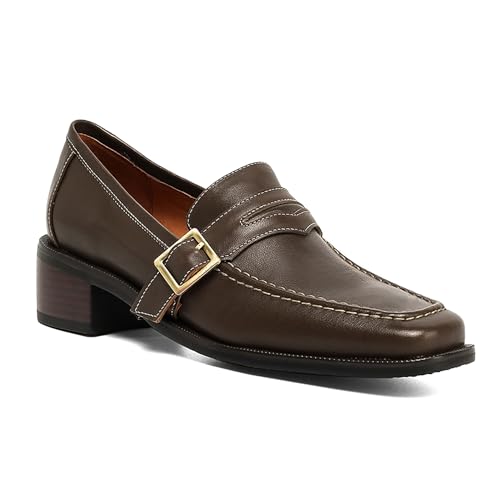 Image of MOOMMO Women Chunky Heel Penny Loafers Square Toe Buckle Slip On Comfort | Office Ladies Loafer Pumps 2 inch Stacked Block Heel Dress Loafers Oxfords Walking Dress Shoes Casual Size 4-11 M US