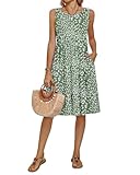 AUSELILY Sommerkleider Damen Ärmelloses Rundhals Strandkleid Knielang Hohe Taille Tankkleid Leicht Kurz Freizeitkleid mit Taschen Olive Grünes Blatt M