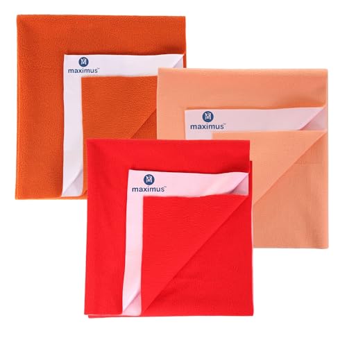 Image of Maximus Waterproof Quick Dry Sheet for Baby Pack of 3 | Bed Pad Extra Absorbent Washable Matress Protector | Bed Protector Sheet for Toddler Children (70x50cm) (Orange, LORANGE & RED, Small)